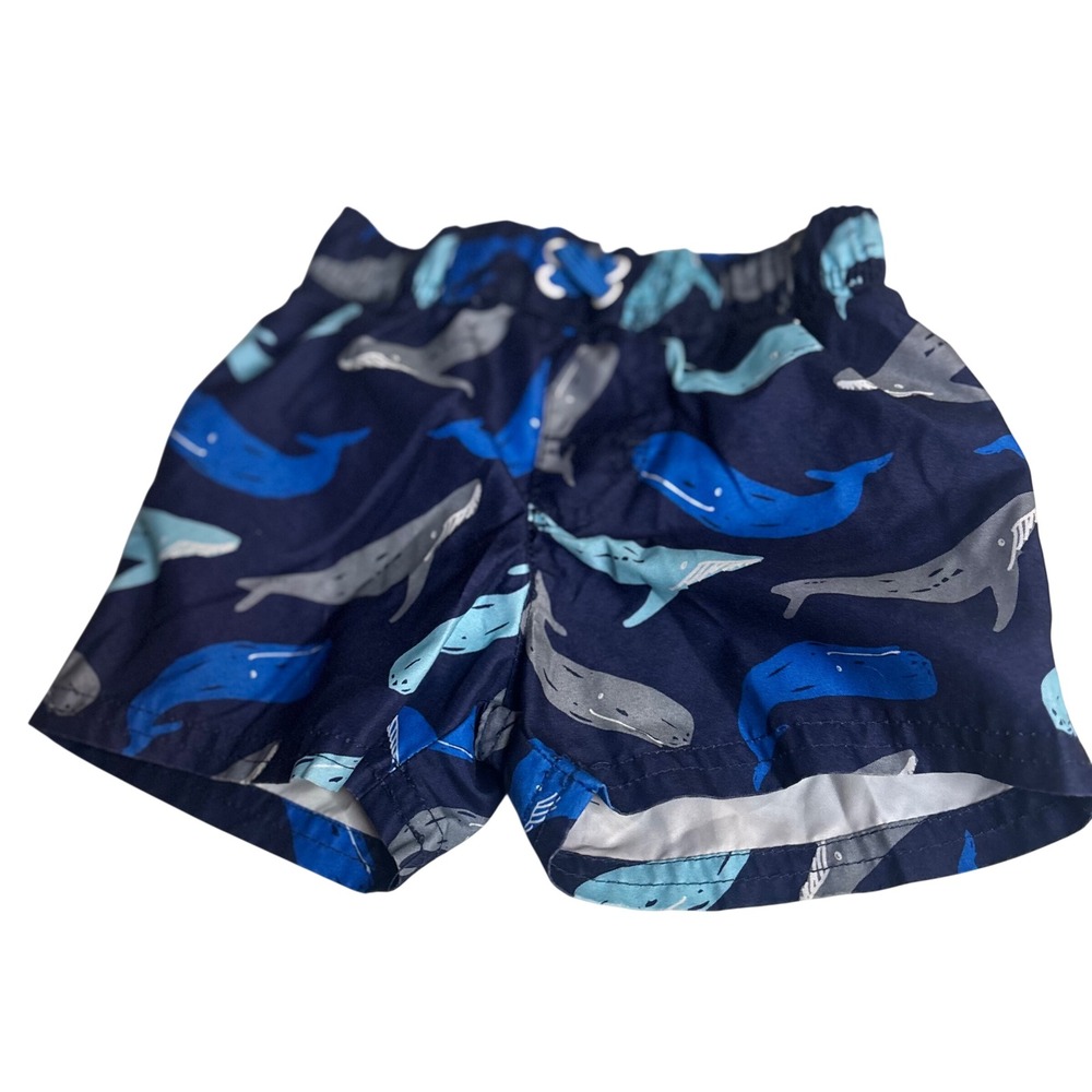 Boys Navy Blue Whale Print Swim Trunks Mesh Lined Size 18M Board Shorts Vacation